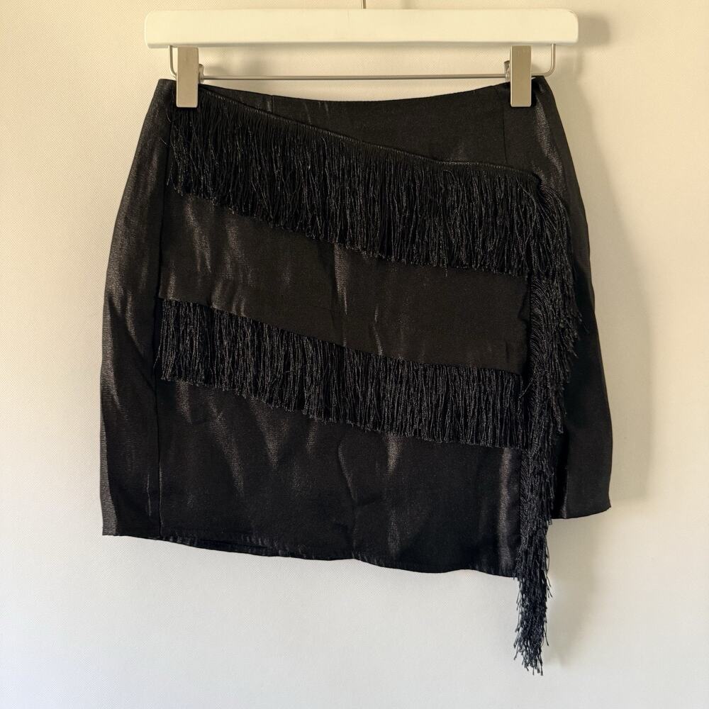 JOA Los Angeles Women’s Black Satin Fringe Mini Skirt Size Small Party Club Y2K